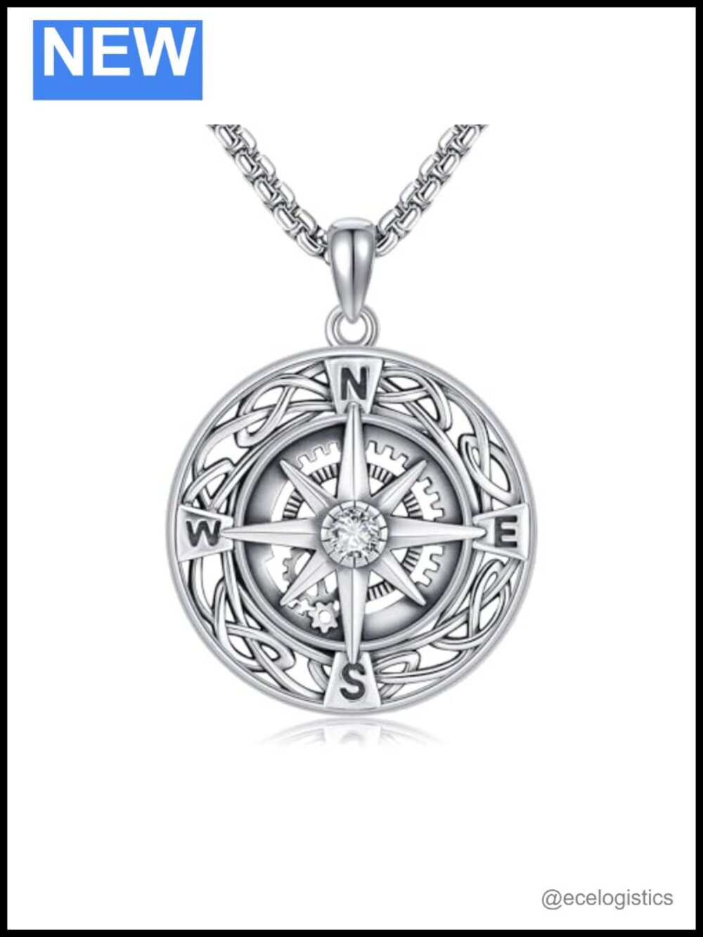 Compass Necklace 18K White Gold Plated Viking Celtic Knot Cubic Zirconia